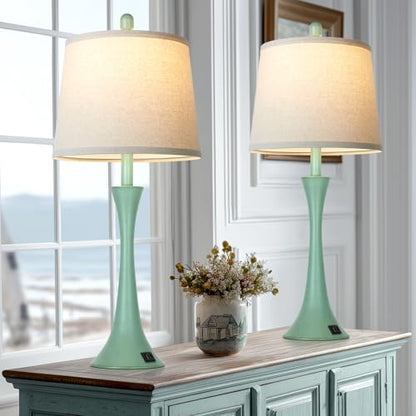 Rinweey Coastal Modern Green Table Lamps Set of 2 for Living Room, 27.5" Tall Bedside Lamp with USB Charging Port,3-Way Dimmable Touch Nightstand Lamp for Bedroom Desk Side Table Office,Green - color: Green(2 Pack)