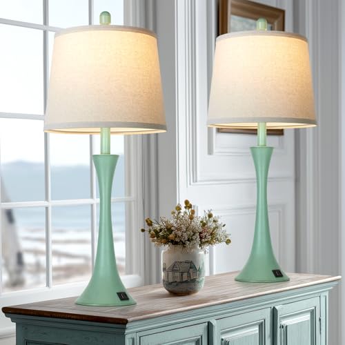 Rinweey Coastal Modern Green Table Lamps Set of 2 for Living Room, 27.5" Tall Bedside Lamp with USB Charging Port,3-Way Dimmable Touch Nightstand Lamp for Bedroom Desk Side Table Office,Green - color: Green(2 Pack)