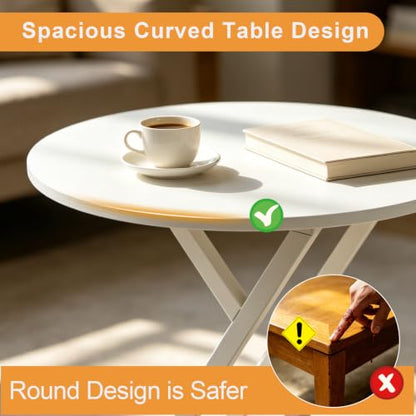 20In Small Round Side Table, 2-Tier White End Table with Z-Shaped Metal Frame, Round Accent Coffee Table with Storage Shelf, Modern Sofa Side Table for Living Room, Bedroom - color: 20in-white
