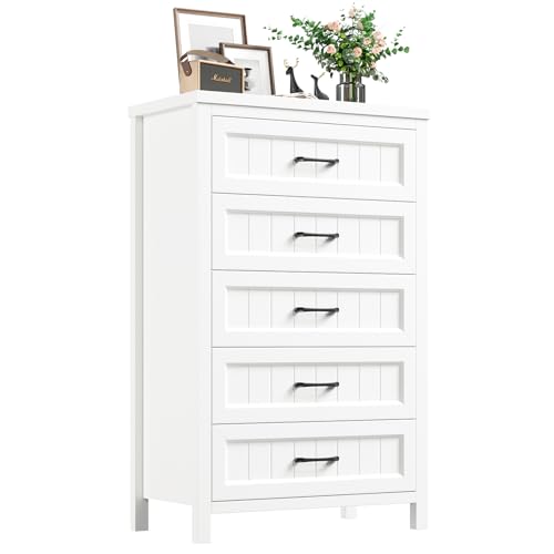 Jocoevol 5 Drawer Dresser for Bedroom - Farmhouse 44.9" Tall Chest of Dresser with Large Storage, Rubst Wood Construction for Living Room, Hallway & Entryway - White - color: White