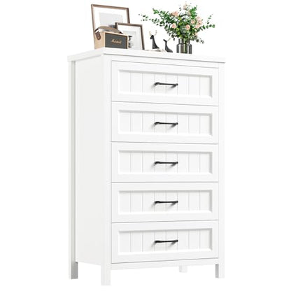 Jocoevol 5 Drawer Dresser for Bedroom - Farmhouse 44.9" Tall Chest of Dresser with Large Storage, Rubst Wood Construction for Living Room, Hallway & Entryway - White - color: White