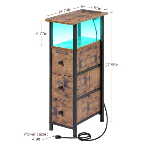 Narrow End Table with Charging Station, Small Nightstand | Skinny Side Tables Living Room with 3 Fabric Drawers, Slim Bedside Table with LED Lights for Bedroom, Small Spaces, Brown - color: Rustic Brown, size: 27.55''H (3 Drawers), style: Power + Light