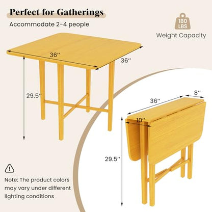 COSTWAY Square Drop Leaf Dining Table, 36" Compact Folding Kitchen Table | Solid Rubber Wood Legs, Farmhouse Extendable Table for for 2-4 People, Dining Room, Small Space, Apartment, Natural - color: Natural