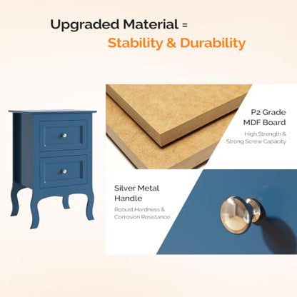 Bonnlo Blue Nightstand Set of 2, Blue Night Stands with Drawers for Bedroom, Kids Room, Living Room, Wood, 15.75" W x 11.8" D x 23.6" H - color: Navy Blue