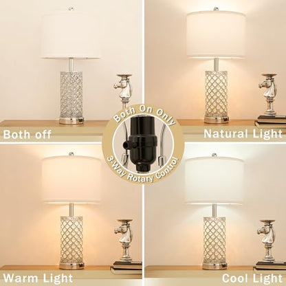 SAIWEYA 24in Crystal Table Lamp Bedroom Lamps for Night Stand Bedside | 3-Way Dimmable Touch with Night Ligh, 2 USB Ports + AC Outlet, White Fabric Shade, LED Bulb Included - color: Silver-1 Pack 24In