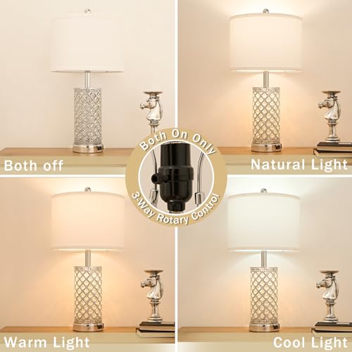 SAIWEYA 24in Crystal Table Lamp Set of 2 Bedroom Lamps for Night Stand | 3-Way Dimmable Touch with Night Ligh, 2 USB Ports + AC Outlet, White Fabric Shade, LED Bulb Included - color: Silver-2 Pack 24In