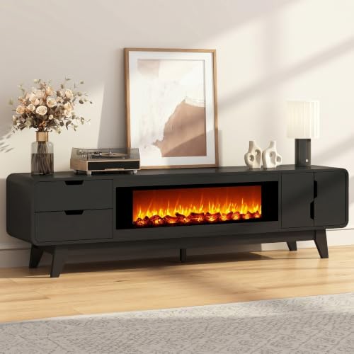 EAG 70" TV Stand with Fireplace for TVs Up to 80 Inches, Black | Mid Century Modern Entertainment Center with 36" Decorative Fireplace, Wood Media Console Cabinet for Living Room, Bedroom - color: Black, size: 70"
