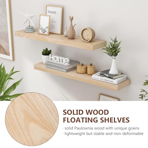 fuqing 36 Inch Floating Shelves 6.7'' Deep Natural Wood Shelves Set of 2 | 36'' x 6.7'' x 1.4'' Natural Wood Shelves for Bathroom Living Room, 40LBS, Lightweight, Hardware Included, Waterproof Finish - color: Natural, size: 36 Inch