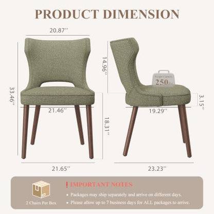 Wooden Dining Chairs Set of 2, Mid Century Dining Room Chairs with Solid Wood Legs, Upholstered Fabric Kitchen Chairs with Ergonomic Curved Backrest for Kitchen Dining Room, Green - color: Green, size: Set of 2