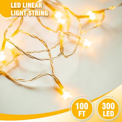 100FT Warm White String Lights – 300 LED Extra Long Waterproof Fairy Lights on Clear Wire, Plug-in Indoor Outdoor Decorations for Christmas, Wedding, Patio, Bedroom, Party