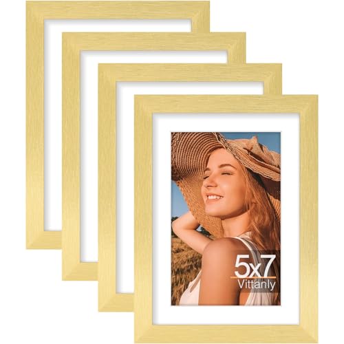 Vittanly 5x7 Picture Frames Set of 4, for Wall or Tabletop Display, Gold | Display Pictures 4x6 with Mat or 5x7 without Mat, Engineered Wood with Shatter Resistant Plexiglass, Small Photo Frames - color: Gold, size: 5x7