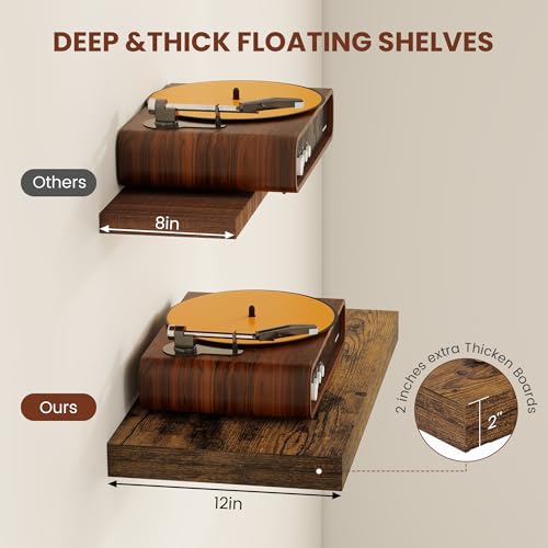 Vivelove Square Floating Shelves 12x12” Set of 2, Rustic Brown | Easy Install with Hardware, Invisible Brackets, No Sagging, Living Room Display Shelf, 2" Thick，Engineered Wood - color: Rustic Brown, size: 12”wx12”dx2”h