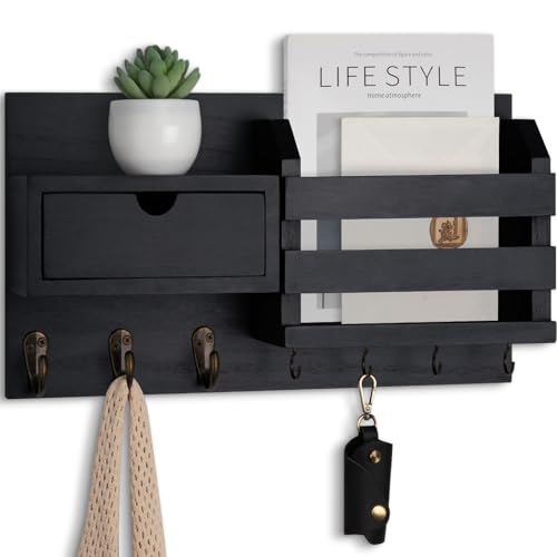 Lwenki Wall Mount Key Holder with Mail Organizer, 100% Paulownia Wood, 7 Metal Hooks, Storage Drawer, Entryway Home Decor (Black) - color: Black