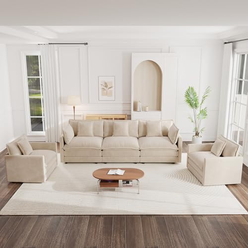 Luxury 3 Piece Sofa Set, 2 Pieces of Single Sofa and 1 Piece of 3 Seater Sofa, Modern Chenille Comfy Cloud Couches Set with 7 Pillows for Living Room Office, Light Coffee - color: Light Coffee, size: 3+1+1