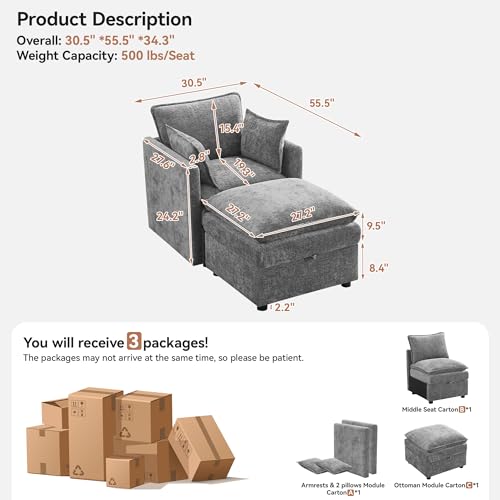 30" Cloud Modular Single Sofa Chair with Storage Ottoman, Modern Upholstered Accent Chair with Storage, Chenille Reading Lounge Armchair for Living Room, Bedroom, Small Space, Light Grey - color: Light Grey, size: 30'' Accent Chairs+1 Ottoman
