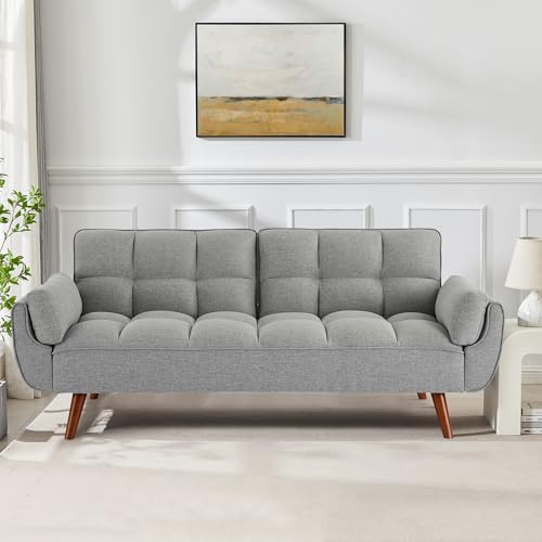 Futon Sofa Bed Modern Convertible Sleeper Sofa, 75” Linen Twin Size Futon Couch Comfy Recliner Sofa Couch with Adjustable Split Backrest for Living Room Small Spaces, Grey - color: Grey