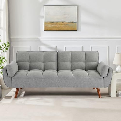 Futon Sofa Bed Modern Convertible Sleeper Sofa, 75” Linen Twin Size Futon Couch Comfy Recliner Sofa Couch with Adjustable Split Backrest for Living Room Small Spaces, Grey - color: Grey