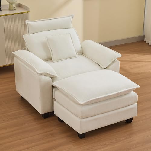 46''Cloud Oversized Sofa Chair with Detachable Headrest, Upholstered Comfy Arm Accent Chair with Ottoman,Modern Chenille Reading Lounge Armchair for Living Room,Bedroom, Beige - color: Beige, size: Oversized Chair with Ottoman