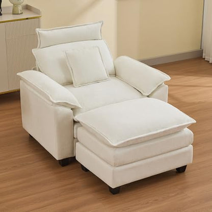 46''Cloud Oversized Sofa Chair with Detachable Headrest, Upholstered Comfy Arm Accent Chair with Ottoman,Modern Chenille Reading Lounge Armchair for Living Room,Bedroom, Beige - color: Beige, size: Oversized Chair with Ottoman