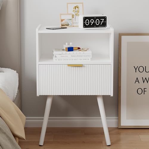 White Nightstand,Modern Bedside Table with Storage Drawer and Open Wood Shelf, for Living Room, Bedroom and Small Spaces, Accent Night Stand with Solid Wood Legs, Easy Assembly,Classic White - color: White