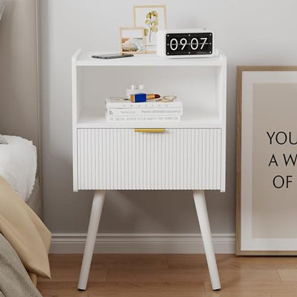 White Nightstand,Modern Bedside Table with Storage Drawer and Open Wood Shelf, for Living Room, Bedroom and Small Spaces, Accent Night Stand with Solid Wood Legs, Easy Assembly,Classic White - color: White