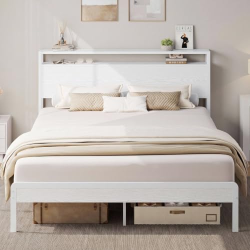 LIKIMIO Queen Bed Frame with 2-Tier Storage Shelf Headboard | Wood Platform Bed, Camas Queen with Strong Metal Supports, Sturdy, Noise-Free, No Box Spring Needed, White - color: White, size: Queen