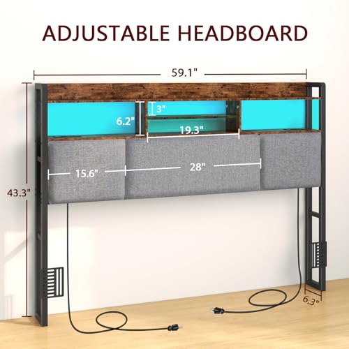 Upholstered Queen Size Headboard with Charging Station & LED Light | Head Board with Storage Shelves for Bed, Queen Headboard Only, Height Adjustable, Sturdy & Stable, Brown - size: Queen