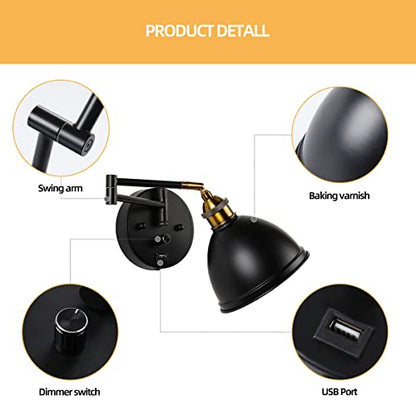 Swing Arm Wall Sconces, Plug-in Wall lamp,Bedroom Wall lamp ， White Fabric Shade，，with dimmable Switch and USB Charging Port, Suitable for Bedside, Living Room, Reading (Metallic Black) - color: Metallic black