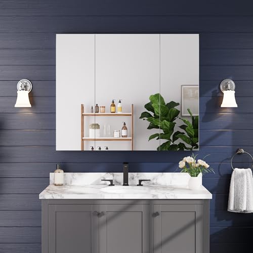 44"x36" Medicine Cabinet with Mirror & Soft Close Hinges, Surface Mount or Recessed Medicine Cabinet with Adjustable Shelves, Bathroom Wall Medicine Cabinet with Storage, Aluminum Alloy Frame, Combo - size: 44" x 36"