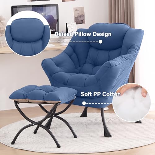 Lazy Chair with Ottoman, Comfy Reading Accent Chair, Blue | Foldable Footrest, Padded Seat and Backrest, Side Pocket for Lounging in Living Rooms, Bedrooms, Dorms and Small Spaces - color: Blue
