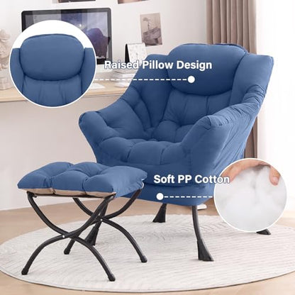 Lazy Chair with Ottoman, Comfy Reading Accent Chair, Blue | Foldable Footrest, Padded Seat and Backrest, Side Pocket for Lounging in Living Rooms, Bedrooms, Dorms and Small Spaces - color: Blue