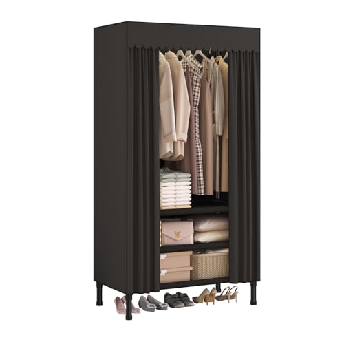 Portable Closet with Cover 27.5"x17.7"x65.7" Wardrobe Closet Black | Portable Closet for Hanging Clothes, Fabric Cover and Hanging Rod, Portable Wardrobe Storage for Bedroom or Dorm Use - color: Black-a, size: 27.5" L