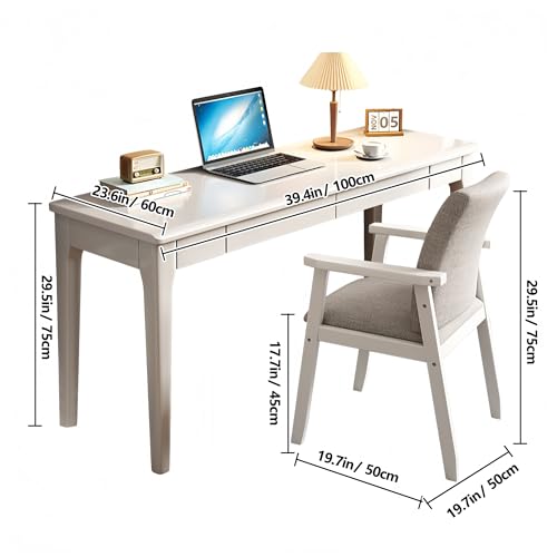 Solid Wood Narrow home office Desk with Drawers and chair for Small Spaces | Computer Table Rubberwood Frame, Ultra Slim Depth, Built-in Cable Hole, work desk for Bedroom & Entryway Apartment - color: White, size: 40*24IN
