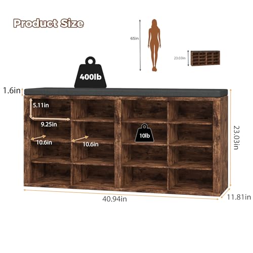 Shoe Storage Bench with Cushion Shoe Rack for Entryway 16 Cubby Multifunctional Organizer Bench Entryway with Soft Sponge Cushion for Hallway Living Room Bedroom (Rustic Brown & Dark Gray) - color: Rustic Brown & Dark Gray
