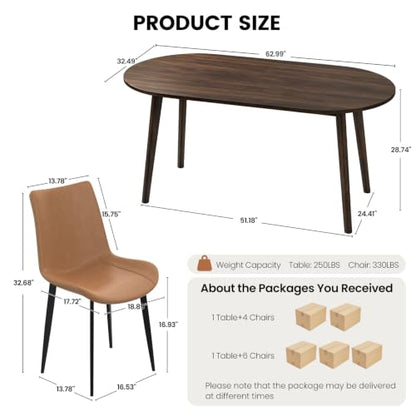 63" Oval Dining Table Set for 4 with Solid Wood Legs | 5 Piece Walnut Dining Table Set for Kitchen and Dining Room Furniture, 4 PU Brown Dining Chairs, Mid Century Modern - color: Walnut Table Brown Chairs