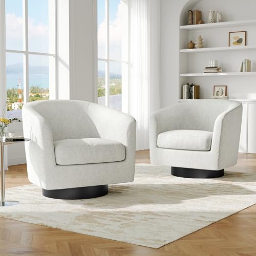 Swivel Barrel Accent Chair, Comfy Reading Armchair, Cream Beige, Set of 1 | Club Chairs for Adults, Low-Back Design, Modern Round Style, Solid Wood Frame & Metal Swivel Base, For Living Room & Bedroom - color: Cream Beige