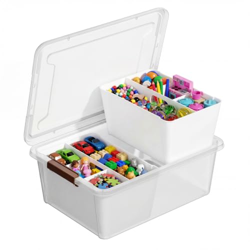 MACOPRO 17QT Craft Storage Box with 2 Removable Caddy Trays, Clear Stackable Plastic Organizer with Lid for Art Supplies, Beads, Sewing Tools, Pens & Kids Toys (White, 1Pack-2-in-1) - size: 1Pack-17QT-2-in-1