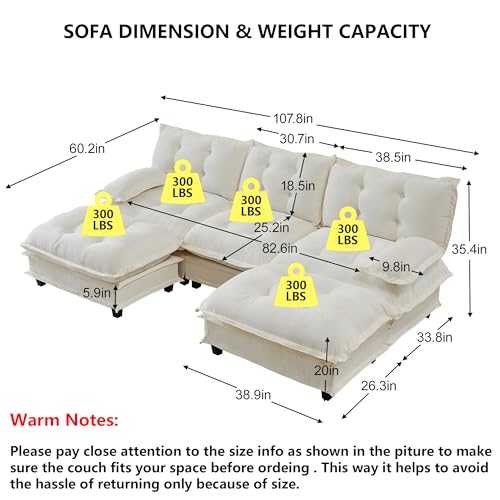 Modular Sectional U-Shaped Sofas,Roomy 3 Seater Sofa Couch with Ottomans,107.8" Chenille U Shape Cloud Couches,Modern Tufted Corner Sofa Set for Living Room - color: Beige, size: 3+2