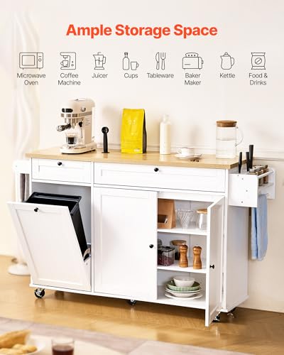 VEVOR Kitchen Island Cart with Storage, 60in Wide Mobile Kitchen Cart with Wheels, Drop Leaf, 2 Drawers, Trash Can Cabinet, Knife Holder, Spice Rack, and Towel Rack, Table for Dining Room, Pantry - size: 60.24"D x 27.56"W x 35.43"H, style: Moveable 1 Cash