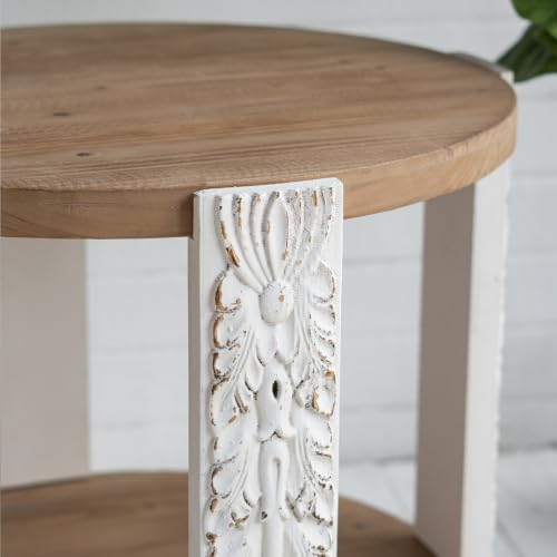 20" Round Side Table with Carved Leg, 2 Tier Storage Shelf | Farmhouse Solid Wood End Table for Living Room, Circle Coffee Table with Open Storage, Easy Assembly, Natural Brown Finish - color: A-20" Brown+white