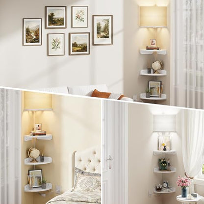 YAOHUOO Corner Shelf Wall Mounted with Light, Set of 3, White | Corner Floating Shelves, Cord Hole for Cable Box, Round End, For Bedroom, Living Room and Kitchen