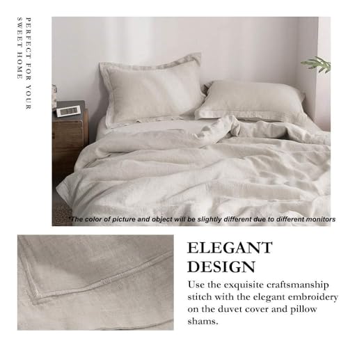 Simple&Opulence 100% Linen Duvet Cover Set with Embroidery Border Washed - 3 Pieces (1 Duvet Cover with 2 Pillow Shams) with Button Closure Soft Breathable Farmhouse - Linen, Queen Size - color: Linen, size: Queen