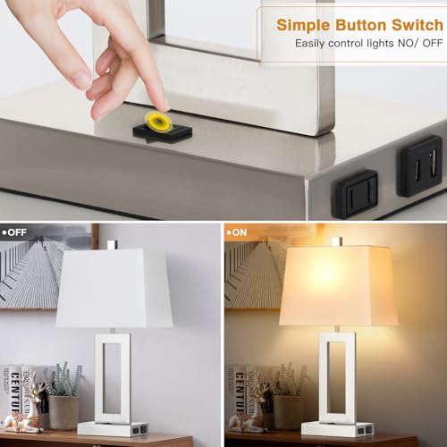 Silver Bedside Table Lamp Set of 2,Nightstand Lamps with USB Ports | Lamps with USB C+A Ports,AC Outlet,23.5 In Modern Metal Lamp for Bedroom Living Room End table,ON/OFF Push Button,NO dimming - color: Silver-Base