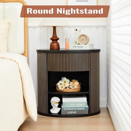 Fluted End Table with Drawer, Black Side Table with Storage, Mid Century Modern Nightstand for Bedroom Bedside, Living Room Couch Sofa, Office, Desk Side Table for Small Spaces - color: Oval-black