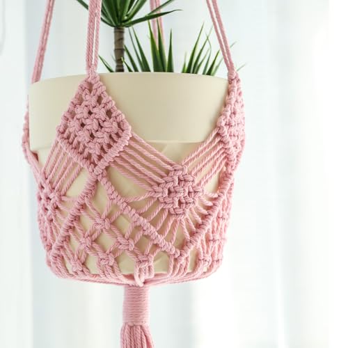 Hanging Planter with Patterns,2Packs Macrame Plant Hangers Indoor Macrame for up to 8 inch Pot Crochet Boho Plant Hanger Holder for Indoor Outdoor with 2S Shaped Stainless Steel Hooks (Pearl Pink) - color: Pearl Pink