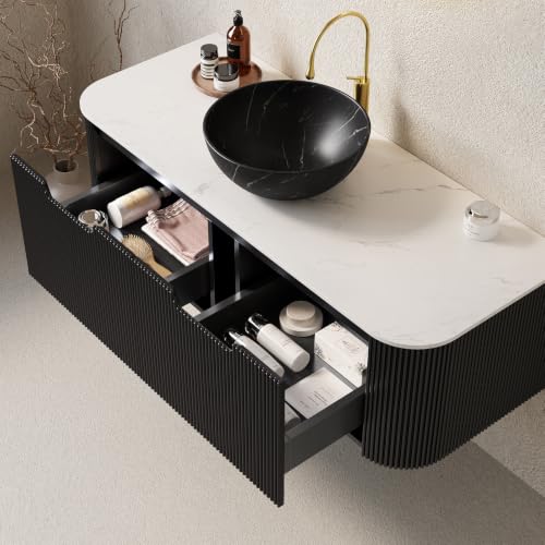 48" Floating Bathroom Vanity with Sink, Wall Mounted Plywood Cabinet, Black Fluted Front, Sintered Stone Countertop, Black Marble-Look Ceramic Bowl Vessel Sink, Soft-Close Drawer, Pre-Assembled - color: Black Cabinet / Black Marble Bowl Sink, size: 48 Inc
