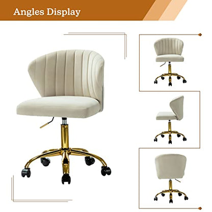 TINA'S HOME Office Desk Chairs with Wheels & Gold Base, Modern Velvet Cute Armless Office Chair, Adjustable Low Back Swivel Rolling Chair, Upholstered Task Chair for Living Room Vanity Study-TAN | Modern Velvet Cute Armless Office Chair, Adjustable Low Ba