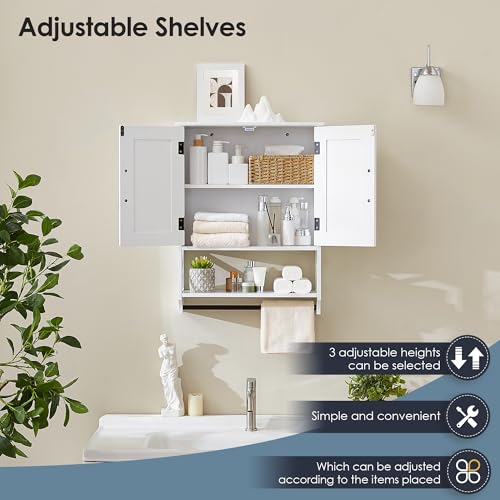 Bathroom Wall Cabinet, 25"x19" Farmhouse Wall Mounted Medicine Cabinet with 2 Raised Panel Doors, Adjustable Shelf & Towel Bar–Over Toilet Storage Organizer for Laundry Room, Entryway or Small Spaces - size: 7.09"D x 25"W x 19.29"H