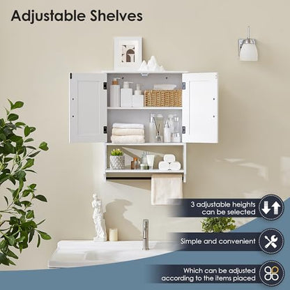 Bathroom Wall Cabinet, 25"x19" Farmhouse Wall Mounted Medicine Cabinet with 2 Raised Panel Doors, Adjustable Shelf & Towel Bar–Over Toilet Storage Organizer for Laundry Room, Entryway or Small Spaces - size: 7.09"D x 25"W x 19.29"H