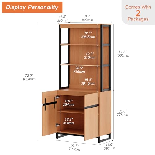 WAMPAT Modern 72" Tall Bookshelf with Metal Base and Adjustable Shelves, Library Bookcase with Storage Cabinet and Open Book Shelfs, Wood Book Shelf for Home Office, Living Room, Mocha - color: Mocha-a, size: 1 PCS